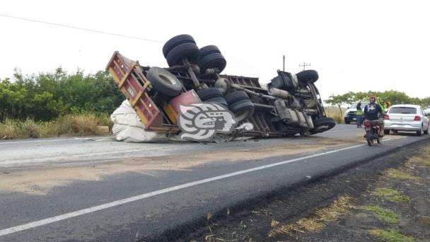 Se registra volcadura de tractocamión sobre la carretera federal 180