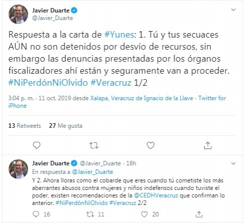 Responde Javier Duarte a carta de Yunes Linares 