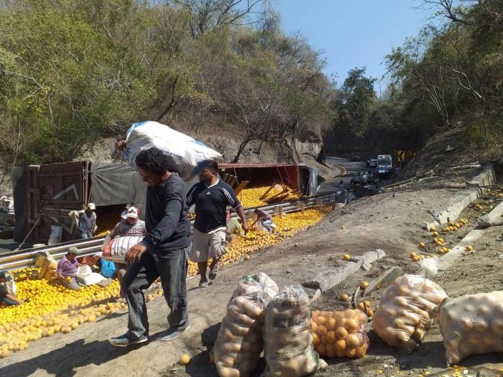 Tráiler que transportaba cítricos vuelca en carretera Veracruz-Córdoba; vecinos del lugar cometen rapiña