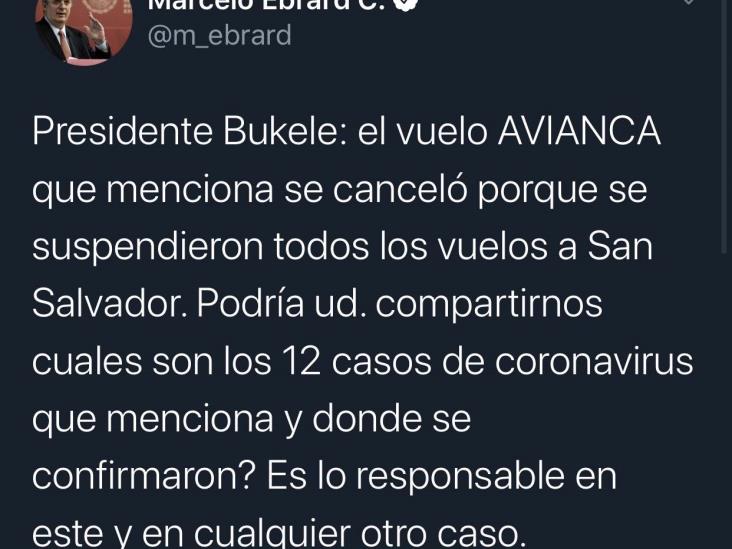 Bukele acusa a México de mandar avión con casos de coronavirus