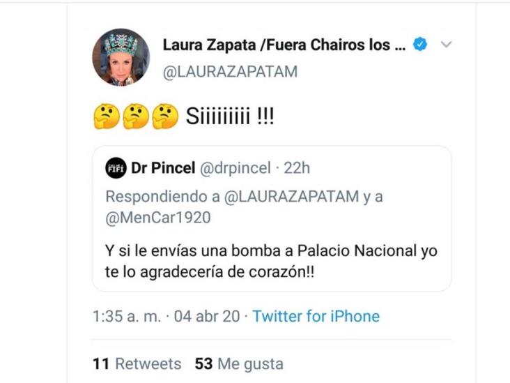 Laura Zapata promueve atentado a Palacio Nacional en Twitter