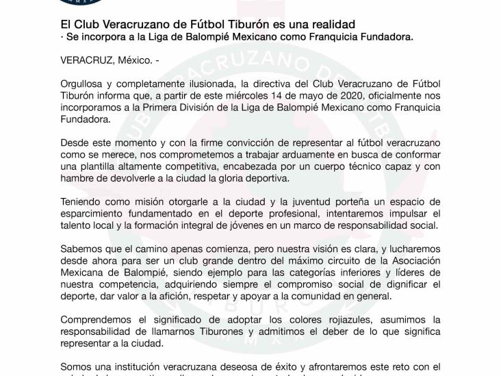 Oficial: ‘Tiburón’ nuevo equipo de futbol en Veracruz