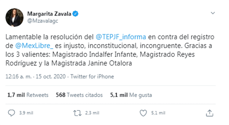 Niega TEPJF registro a México Libre de Zavala y Calderón