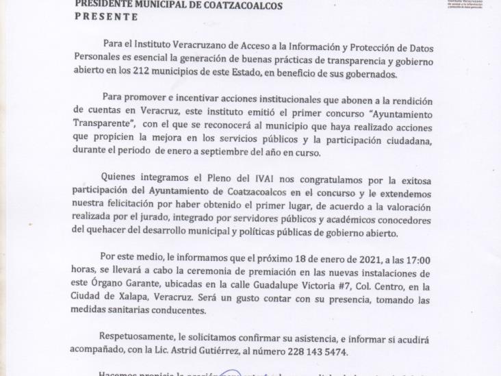 Coatzacoalcos gana Premio como Ayuntamiento Transparente de Veracruz