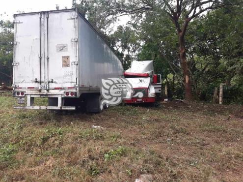 Tractocamión impacta árbol y cerco de rancho en autopista Cosoleacaque-Acayucan