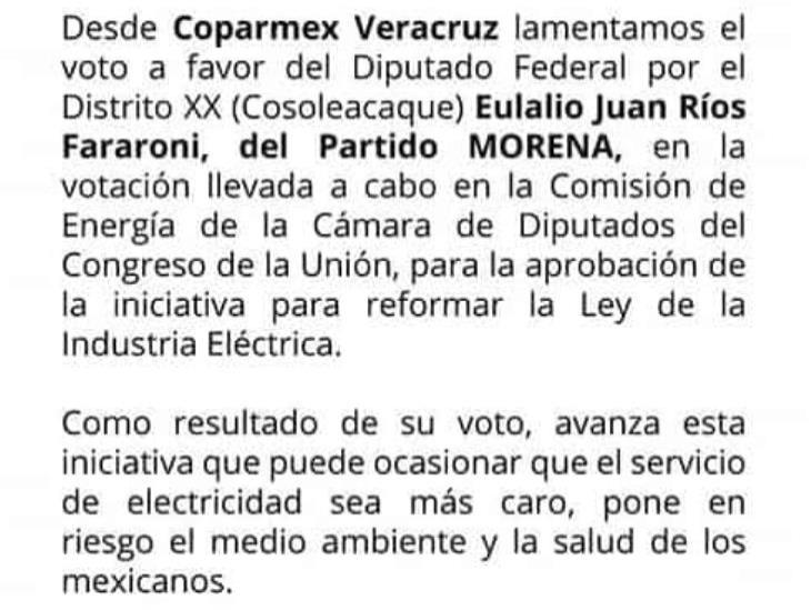 Lamenta Coparmex Veracruz voto de Lalo Ríos