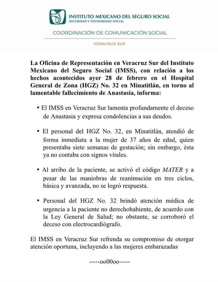 Anastasia ya no tenía signos vitales; responde IMSS sobre el caso de Minatitlán