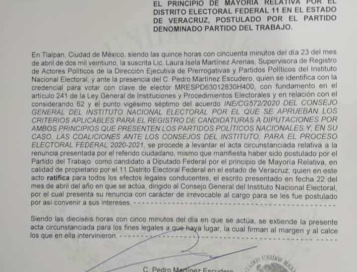 Renuncia Martínez Escudero a la candidatura del PT; teme detención