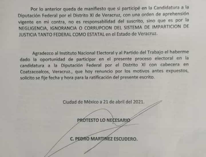 Renuncia Martínez Escudero a la candidatura del PT; teme detención