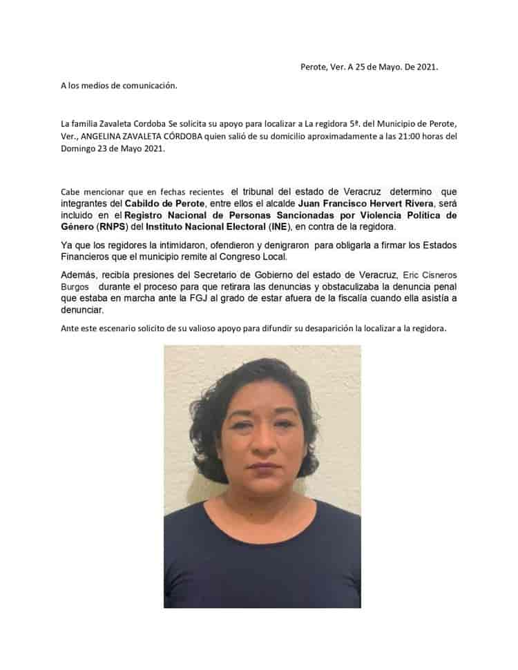 Alcalde de Perote denuncia desaparición de regidora quinta Angelina Zavaleta Córdoba
