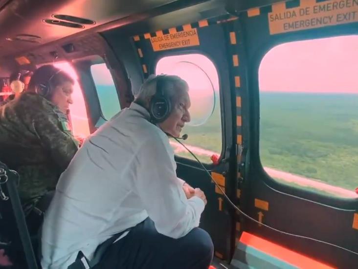 En avión militar, AMLO recorre tramos 3 y 4 del Tren Maya en Yucatán pendiente
