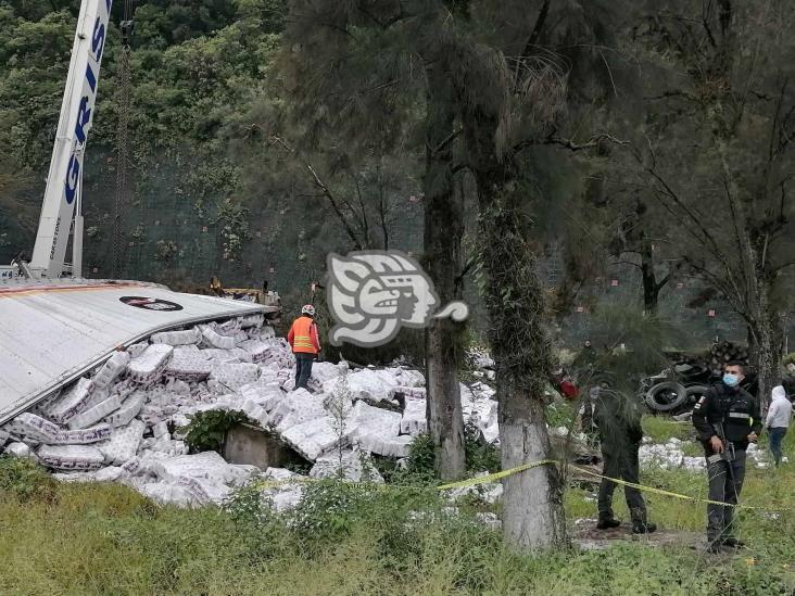 Tráiler cargado de papel higiénico vuelca en autopista Córdoba-Puebla