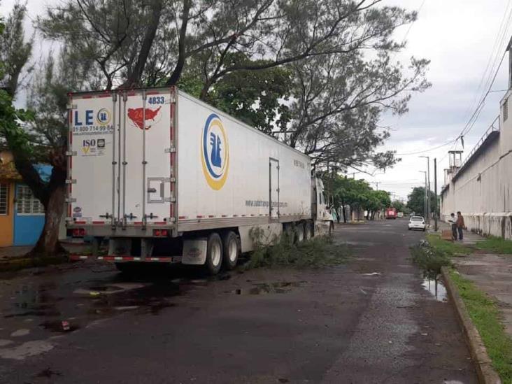 Tráiler se lleva por accidente luminaria en calles del centro de Veracruz