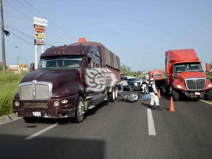 Motociclista impacta en tractocamión y muere sobre la Cardel-Veracruz