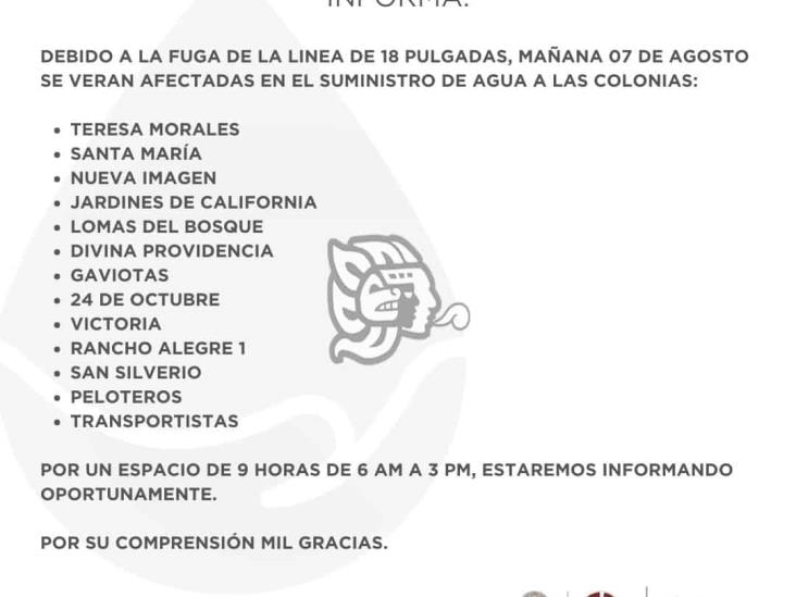 Se quedarán sin agua 13 colonias en Coatzacoalcos: CMAS