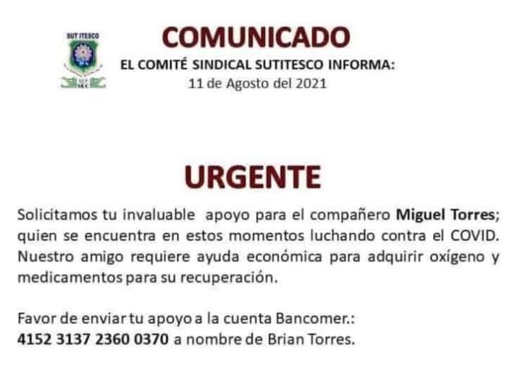 Urgen apoyo para activista Miguel Torres, contagiado de Covid-19