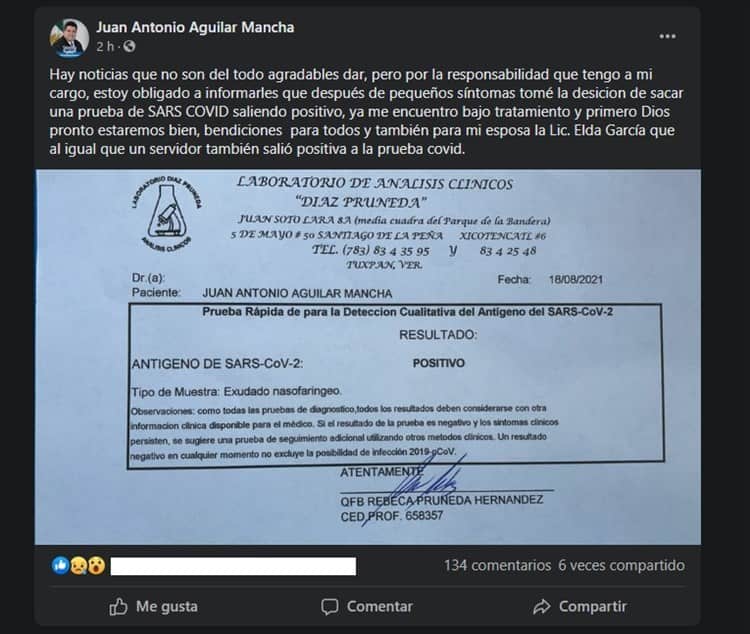 Por segunda ocasión, alcalde de Tuxpan da positivo a COVID-19