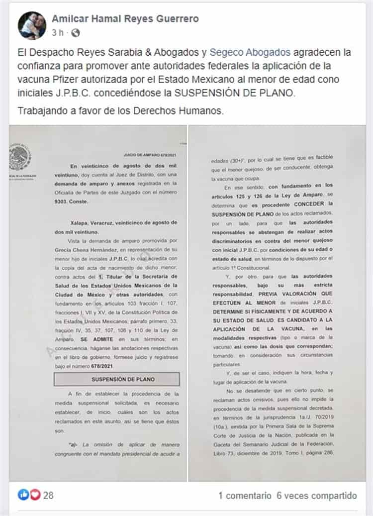 Obtienen amparo para vacunar a menor vs COVID-19 en Xalapa