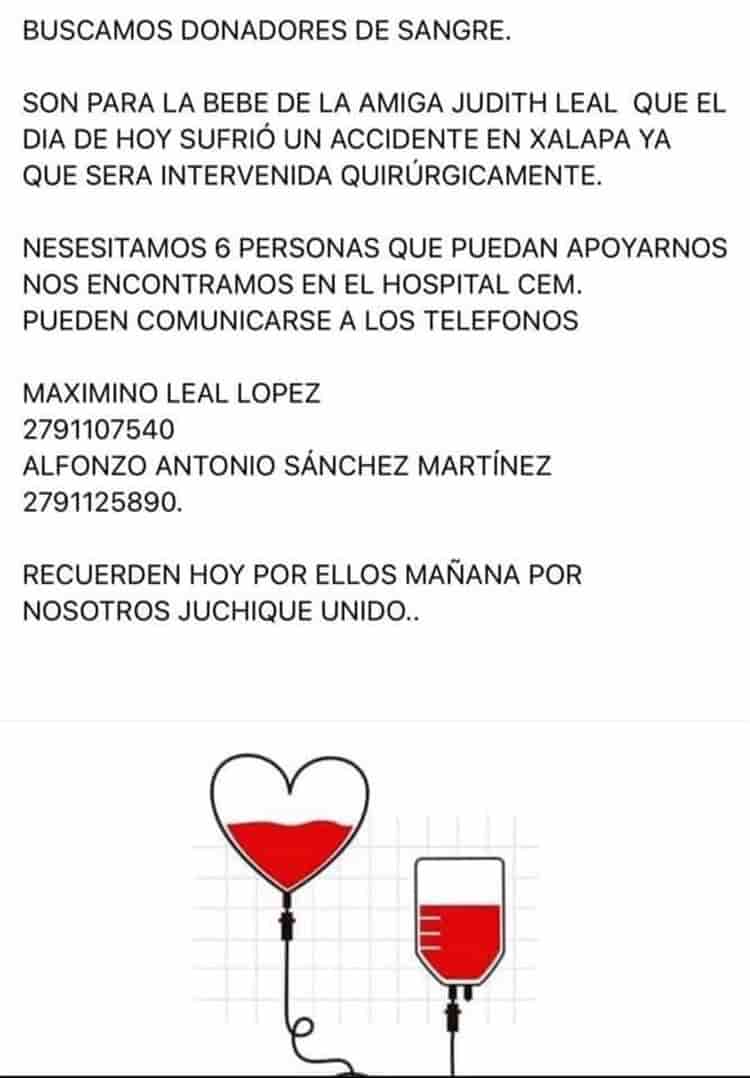 Urgen donadores de sangre para bebé hospitalizada tras accidente en Xalapa