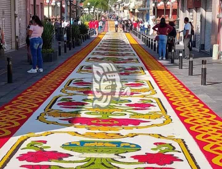 Artesanos engalanan calles de Orizaba con tapetes de aserrín, en honor a San Miguel