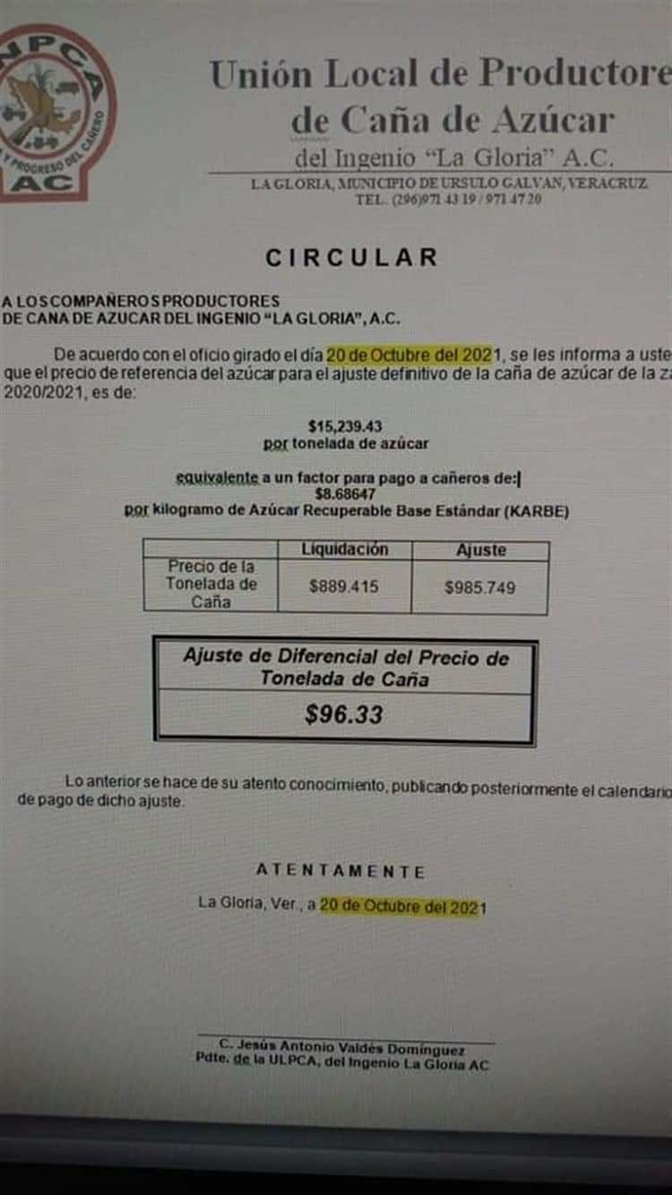 Cañeros de La Gloria recibirán ajuste diferencial del precio por tonelada