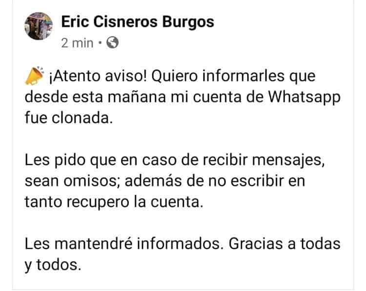 Clonan cuenta de Whatsapp a Secretario de Gobierno de Veracruz