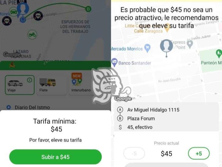 Usuarios de InDriver en Coatza rechazan tarifa mínima de 45 pesos