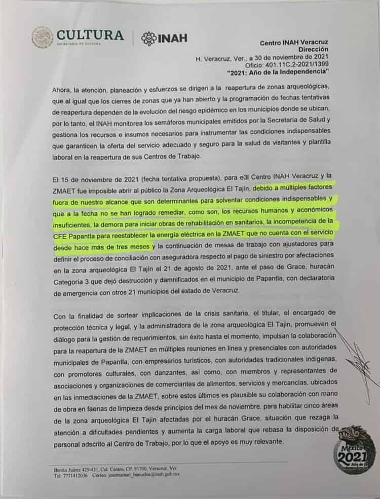 Culpa INAH a CFE de retrasar apertura de El Tajín