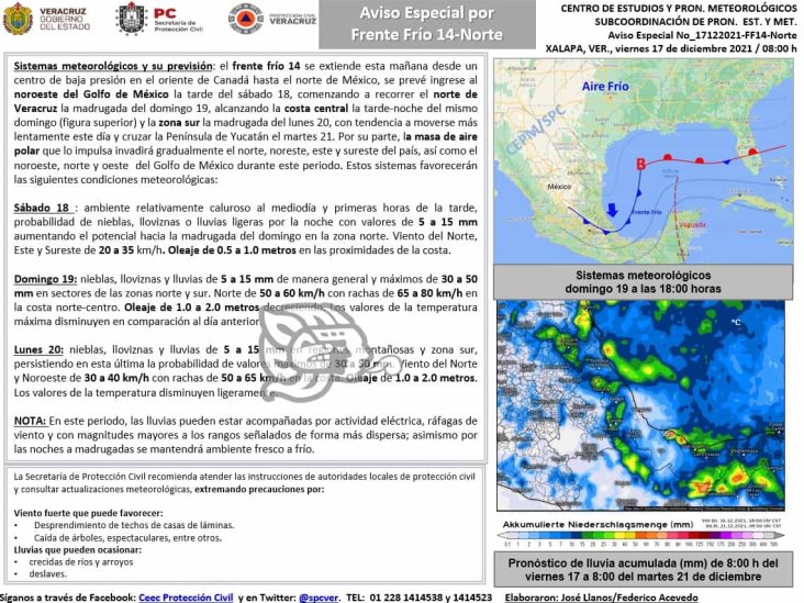 Tendría Coatzacoalcos un domingo lluvioso por Frente Frío 14