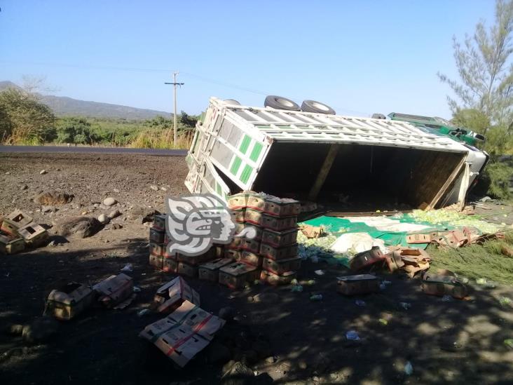 Vuelca camión cargado de chayote sobre la carretera Cardel-Nautla