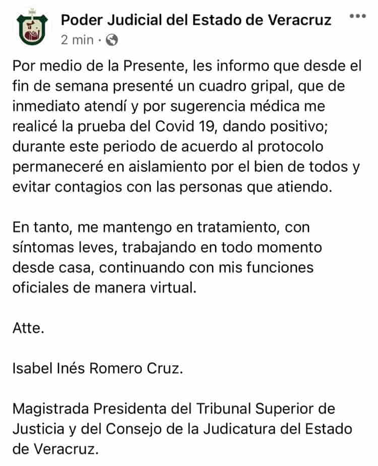 Presidenta del Poder Judicial de Veracruz da positivo a COVID-19