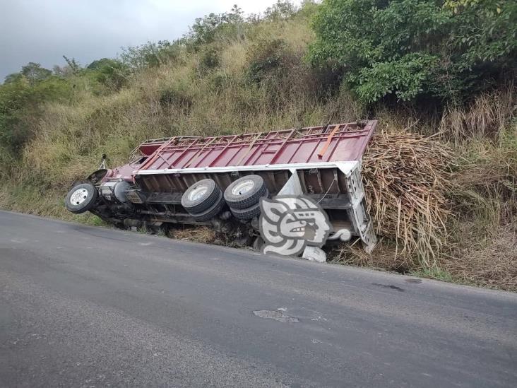 Camión queda ‘acostado’ en la carretera Xalapa-Alto Lucero; cae en cuneta