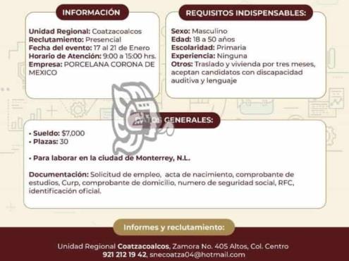 Empresa de Monterrey reclutará personal en Coatzacoalcos
