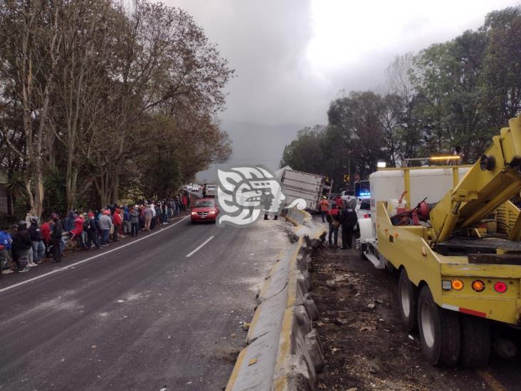 Vuelca tráiler en Nogales; impiden a rapiñeros robar la carga