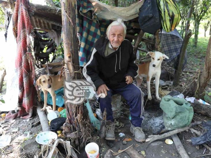 En Misantla, don Roberto clama ayuda; vive enfermo en un jacal de nylon