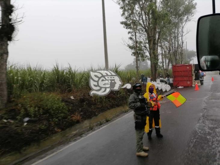 Vuelca camión cargado con alimento para pollo en carretera Fortín-Huatusco