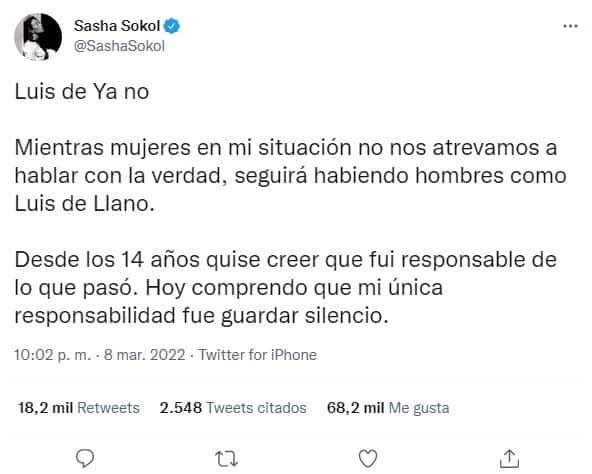 Sasha Sokol revela que Luis de Llano abusó de ella cuando aún era niña