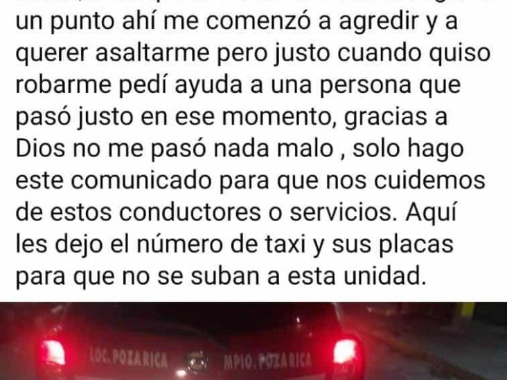 Mujer exhibe en redes a taxista que intentó asaltarla en Poza Rica