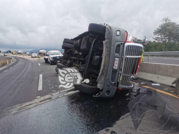 Vuelca tráiler sobre el libramiento Xalapa-Perote; hay un lesionado