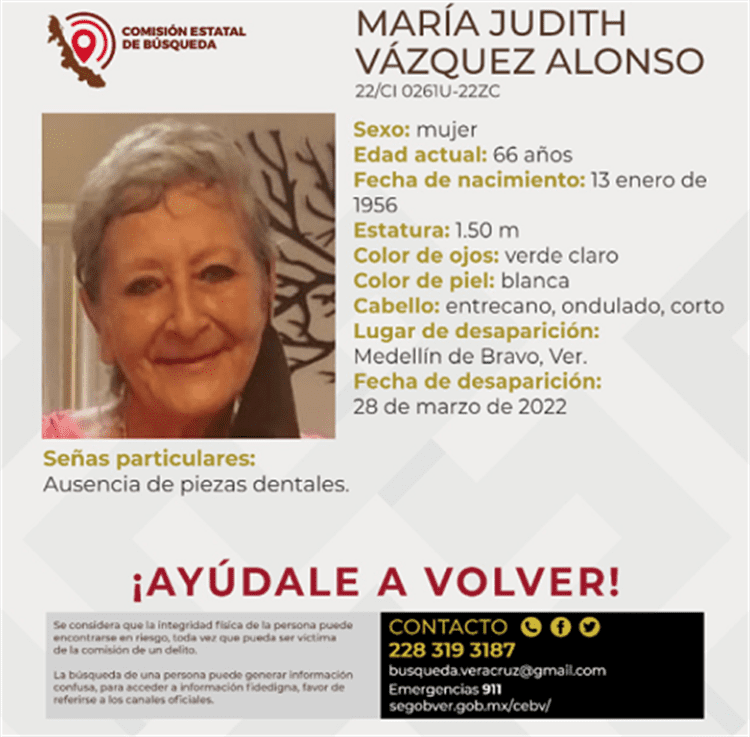 Se extravió mujer de 66 años en el municipio de Medellín de Bravo