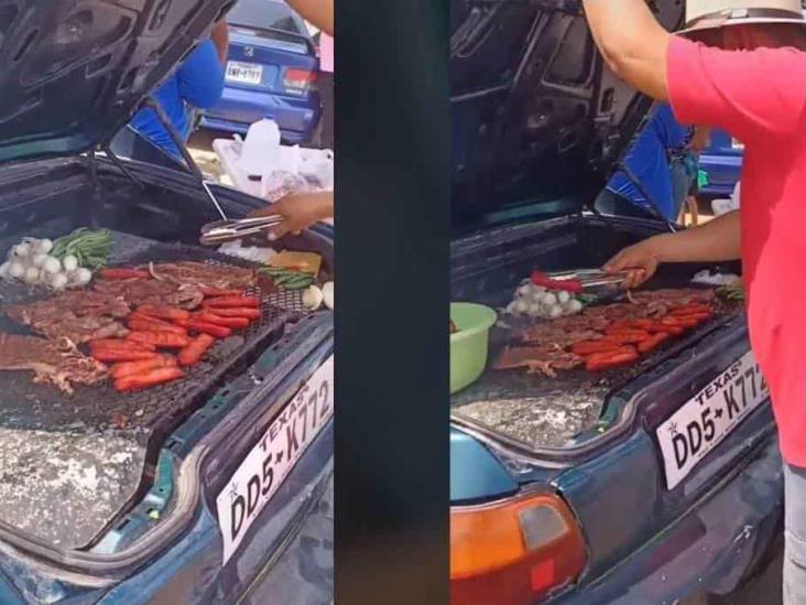 Hombre se hace viral al cocinar una carnita asada en la cajuela de su automóvil