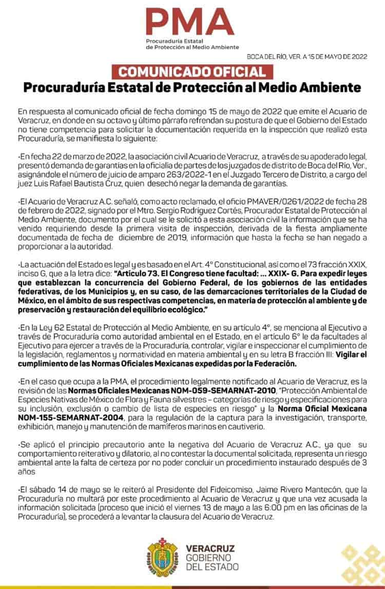 Afirma PMA que actuación del Estado con el Acuario de Veracruz es legal