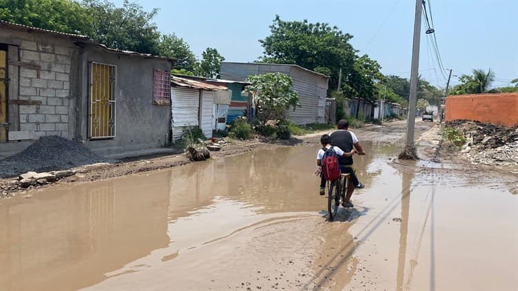 Reportan vecinos calle inundada en Dos Caminos