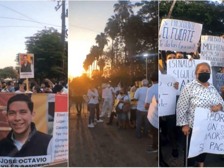 Protestantes esperan a AMLO al terminar la mañanera en Culiacán