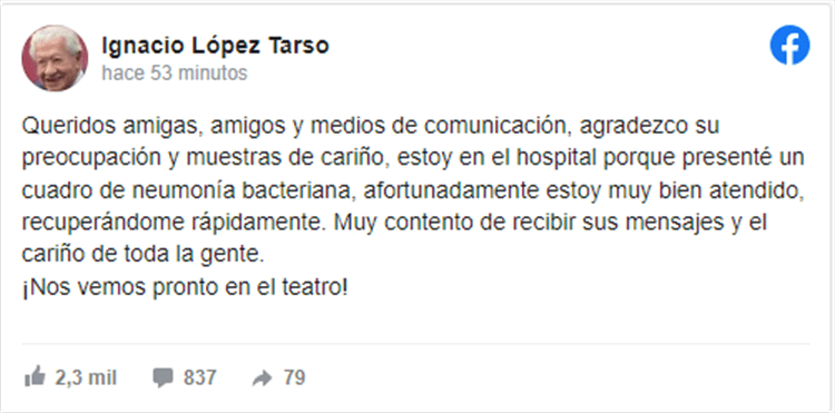 Hospitalizan de urgencia al actor Ignacio López Tarso tras tener neumonía