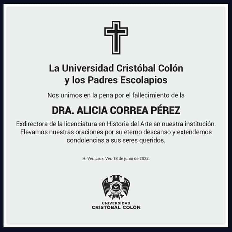 Universidad Cristóbal Colón lamentó la muerte de la exdirectora, Alicia Correa Pérez