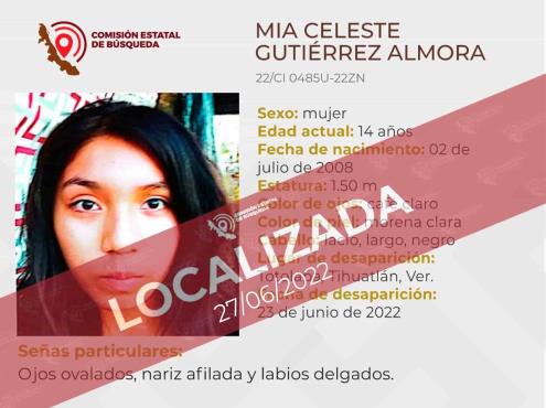Localizan a Mia Celeste Gutiérrez Almora, adolescente desaparecida en Tihuatlán