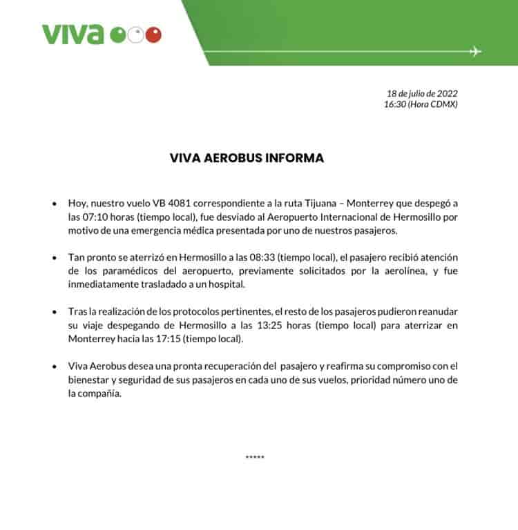 Aterriza de emergencia avión de Viva Aerobus en aeropuerto de Hermosillo, Sonora