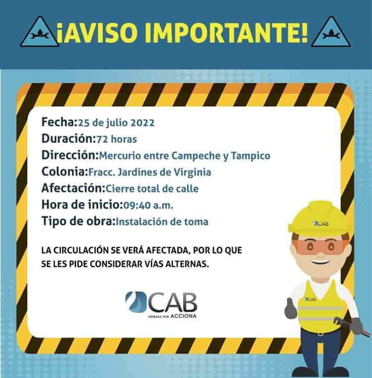 Estás calles estarán cerradas por trabajos de la CAB en Boca del Río