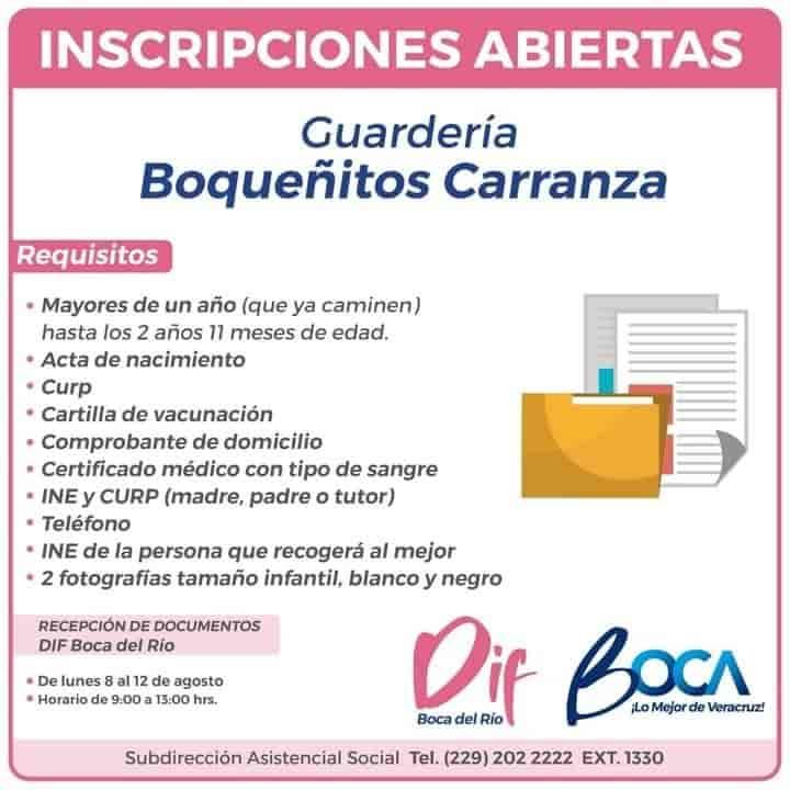 Abren inscripciones para guardería Boqueñitos Carranza en Boca del Río